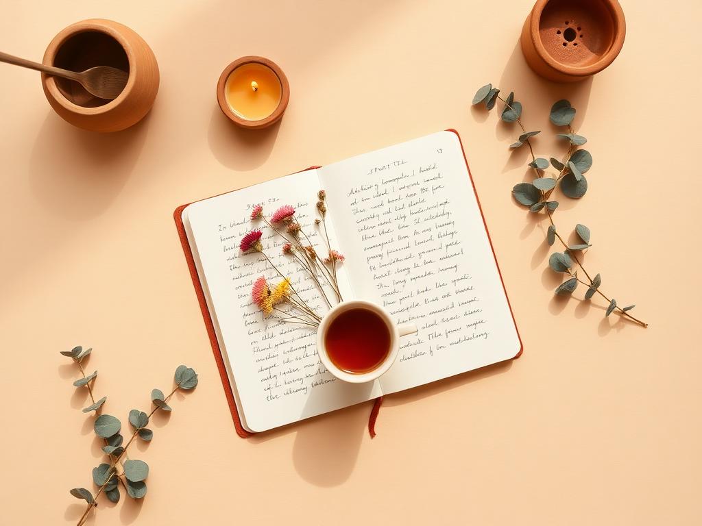 Jegyzetfüzet, tea és gyertya meleg fényben